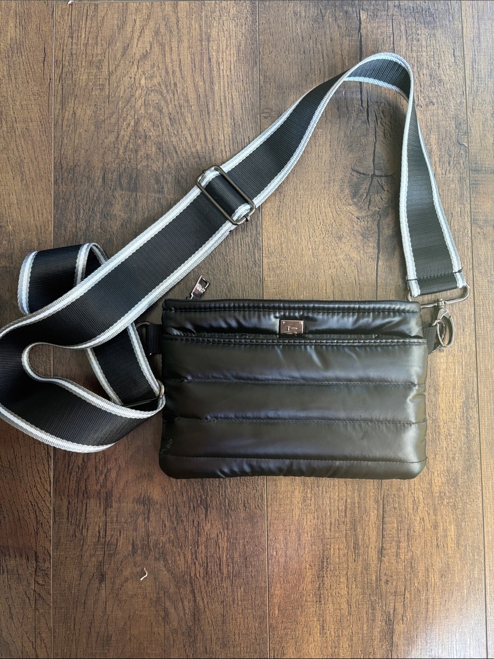 THINK ROYLN Black Quilted Crossbody Bag with Striped Strap